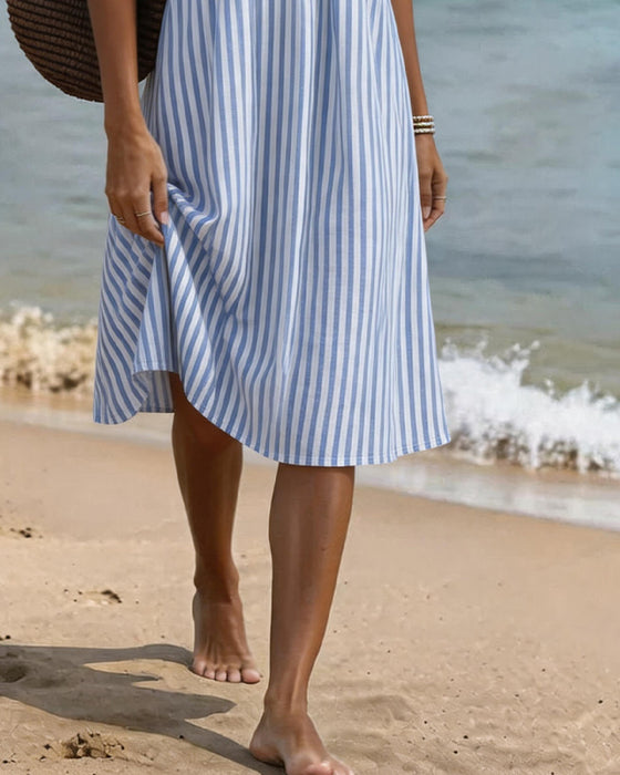 Vertical Stripe Babydoll V Neck A Line Dress