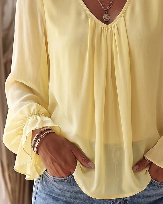 V-Neck Smocked Puff Sleeve Ruffle Blouse