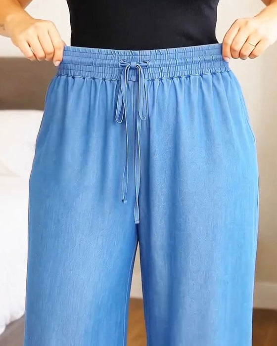 Elastic Waist Drawstring Solid Wide Leg Long Pant