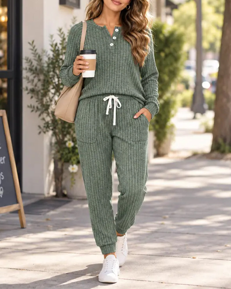 Henley Collar Pinstripe Knit Suit