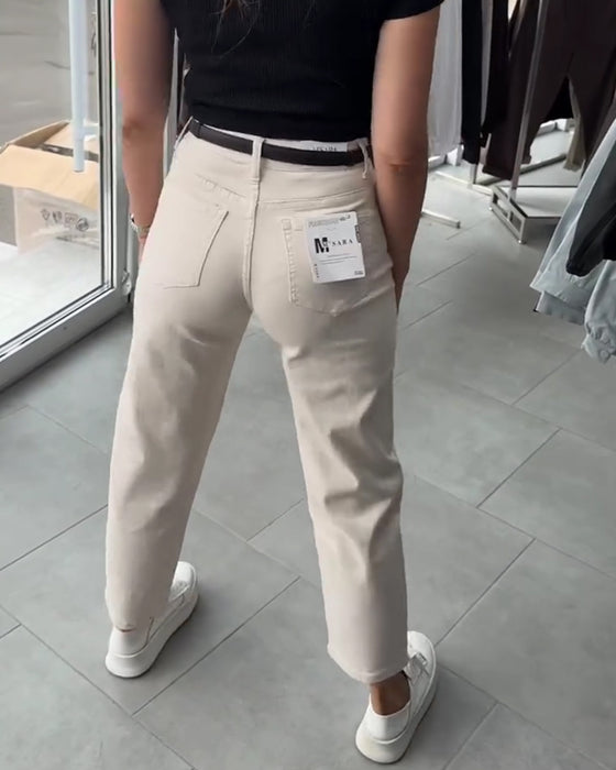 High-Waisted Casual Straight-Leg Pants