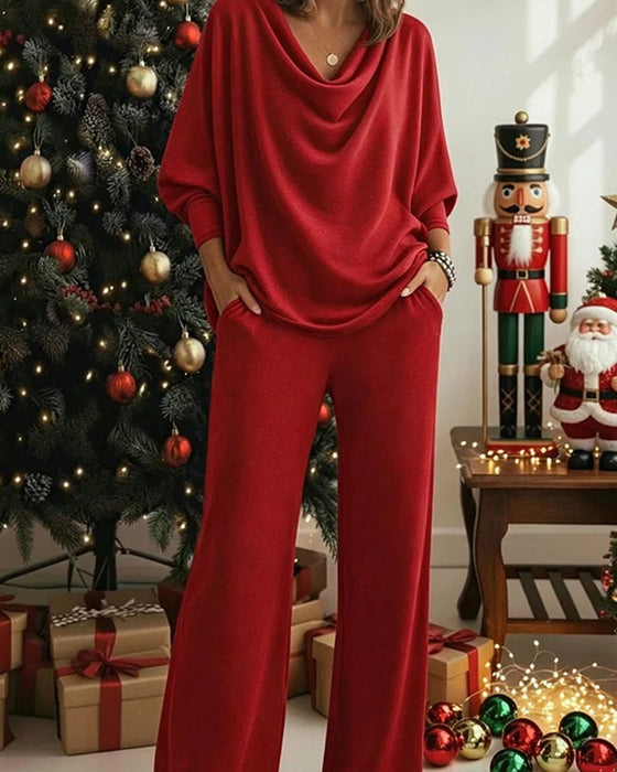Draped Mock Neck Solid Casual Set