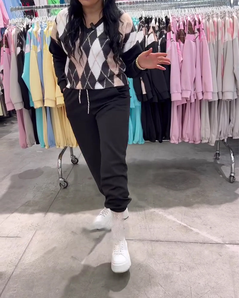 Diamond-Patterned Top And Trousers Two-Piece Set