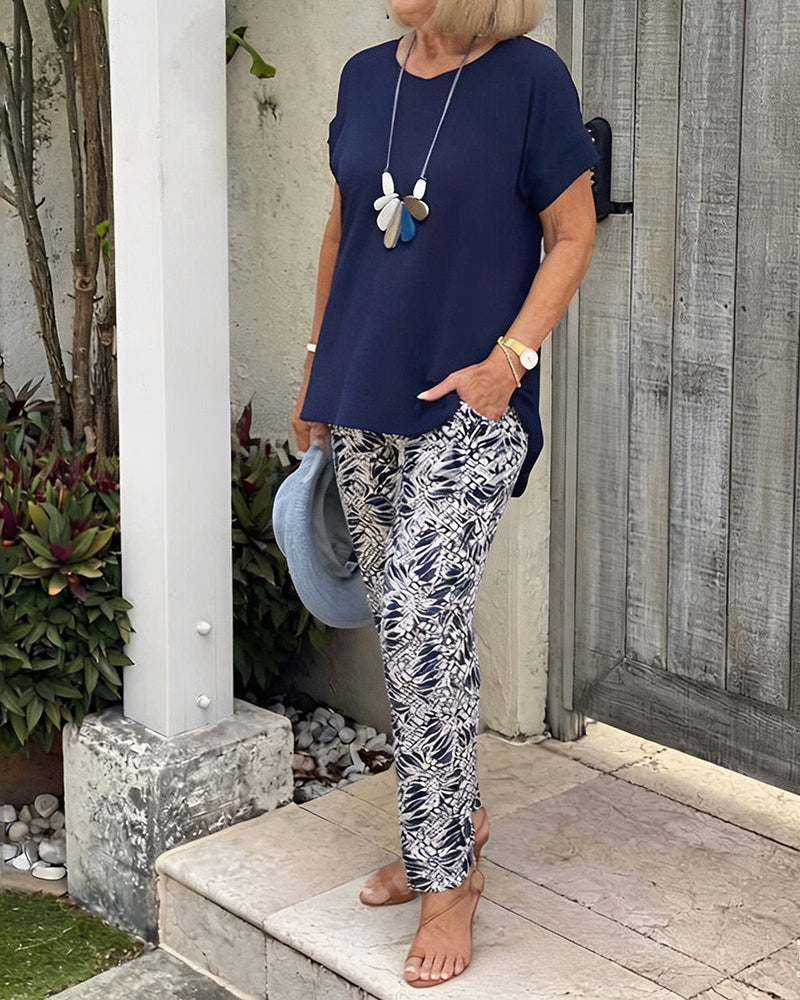 Solid Color Print Casual Set