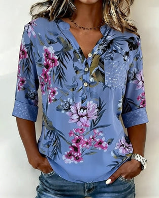 V-Neck Sequined Floral Blouse
