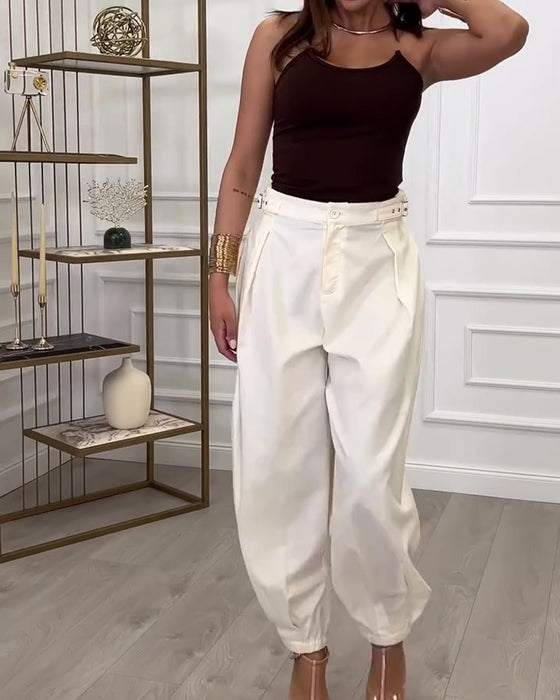 Solid Color Buttoned Jogger Pants