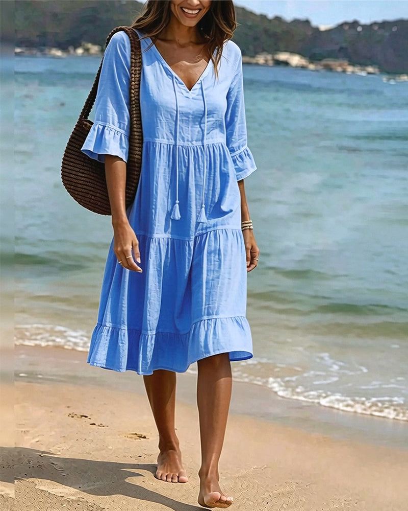 Flared Half Sleeve Tie Waist Dress