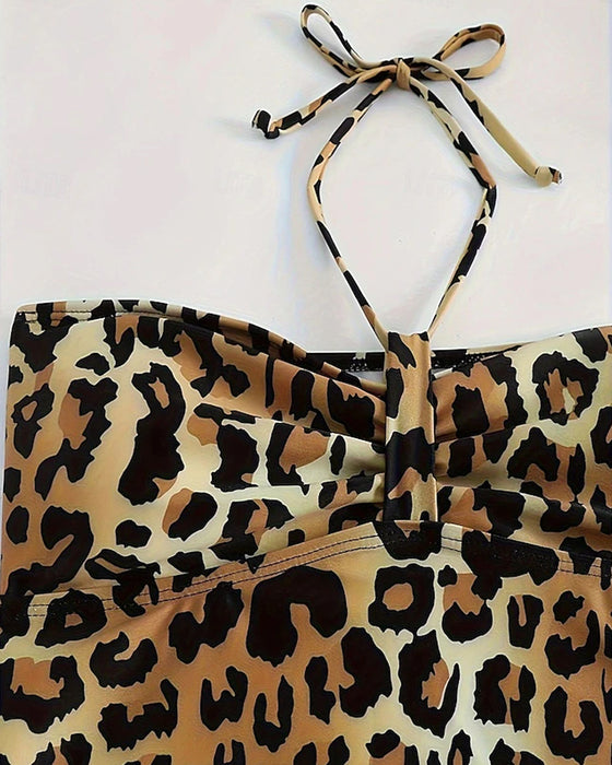 Halter Neck A-Line Leopard Print Triangle Tankini