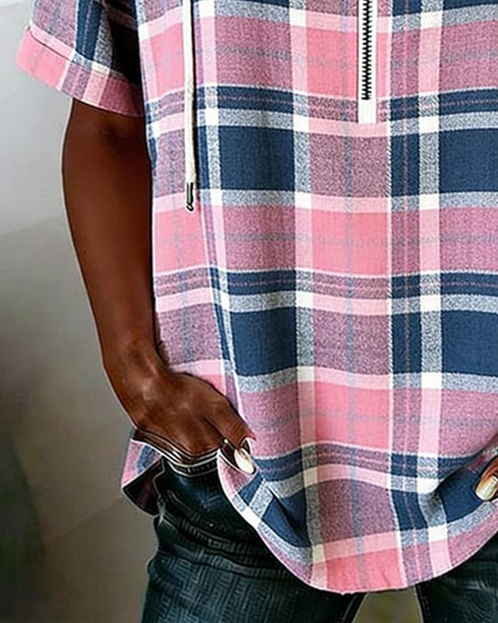 Plaid Zip Hooded Three-Quarter-Sleeve Top