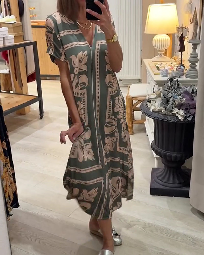 V-Neck Full Skirt Short Sleeve Dress