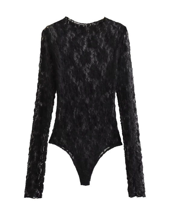 Round Neck Long Sleeve Lace Bodysuit