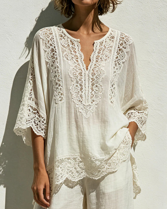 Solid-Color Lace V-Neck Blouse