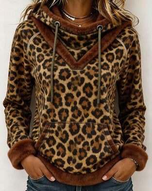 Leopard Print Hooded Drawstring Sweatshirt