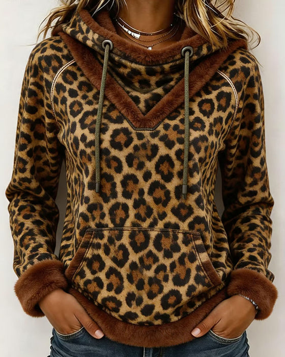 Leopard Print Hooded Drawstring Sweatshirt