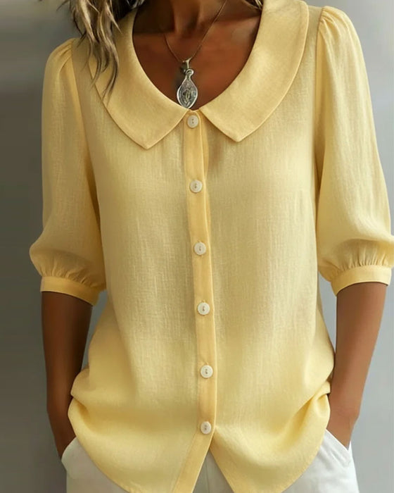 Cotton Mid-Sleeve Peter Pan Collar Shirt