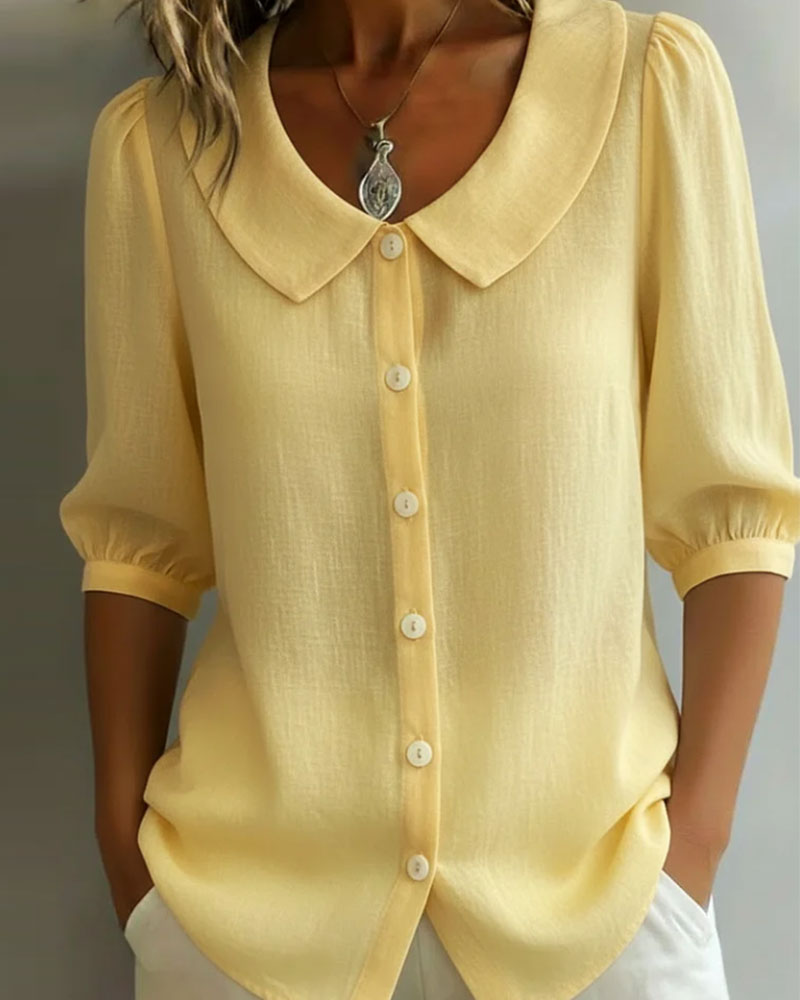Cotton Mid-Sleeve Peter Pan Collar Shirt