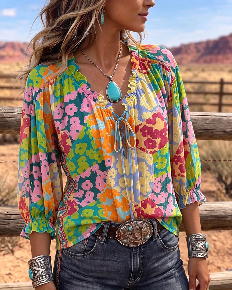 Floral V-Neck Tie-Front Puff Sleeve Blouse