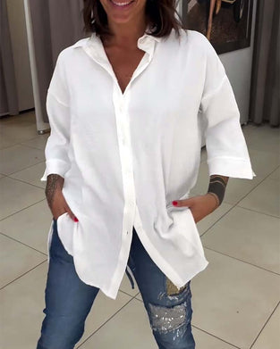 Lapel solid color button-down shirt