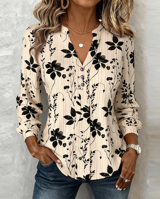 Leaf Print Button-Down V-Neck Blouse