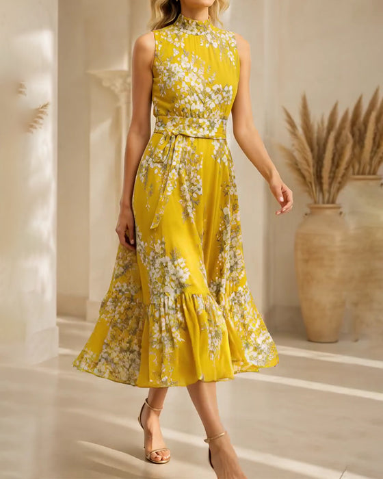 Mock Neck Sleeveless Waist-Cinching Floral Dress