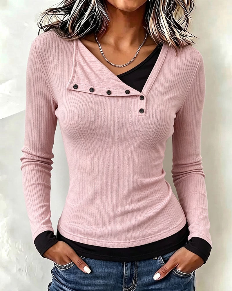 Contrast Color Fake Two-Piece Top