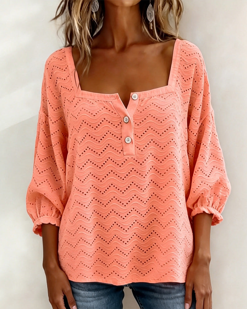 Square Neck Hollow Out Lantern Sleeve Blouse