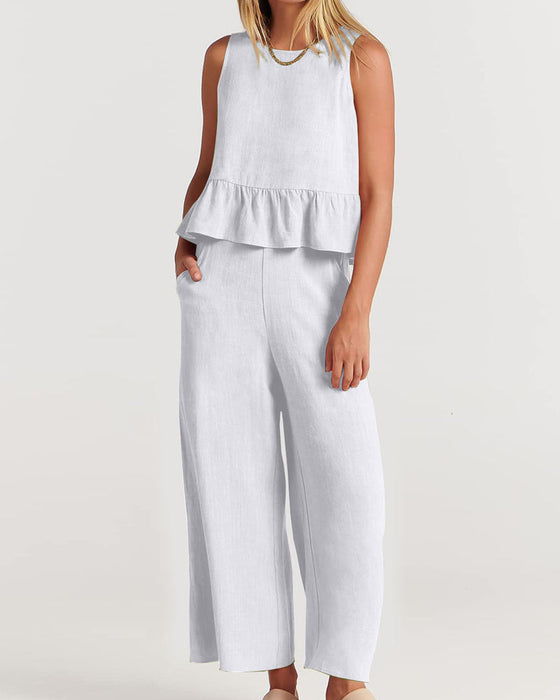 Ruffled sleeveless solid color two-piece suit