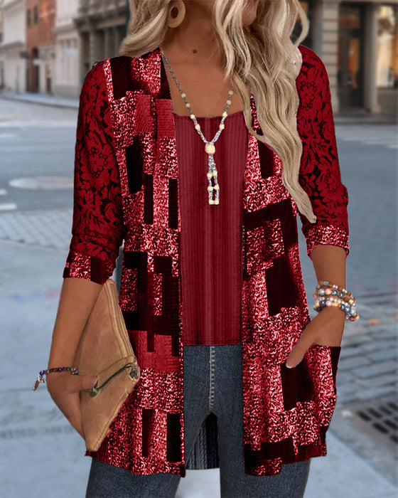 Faux Two-Piece Printed Long-Sleeved Blouse