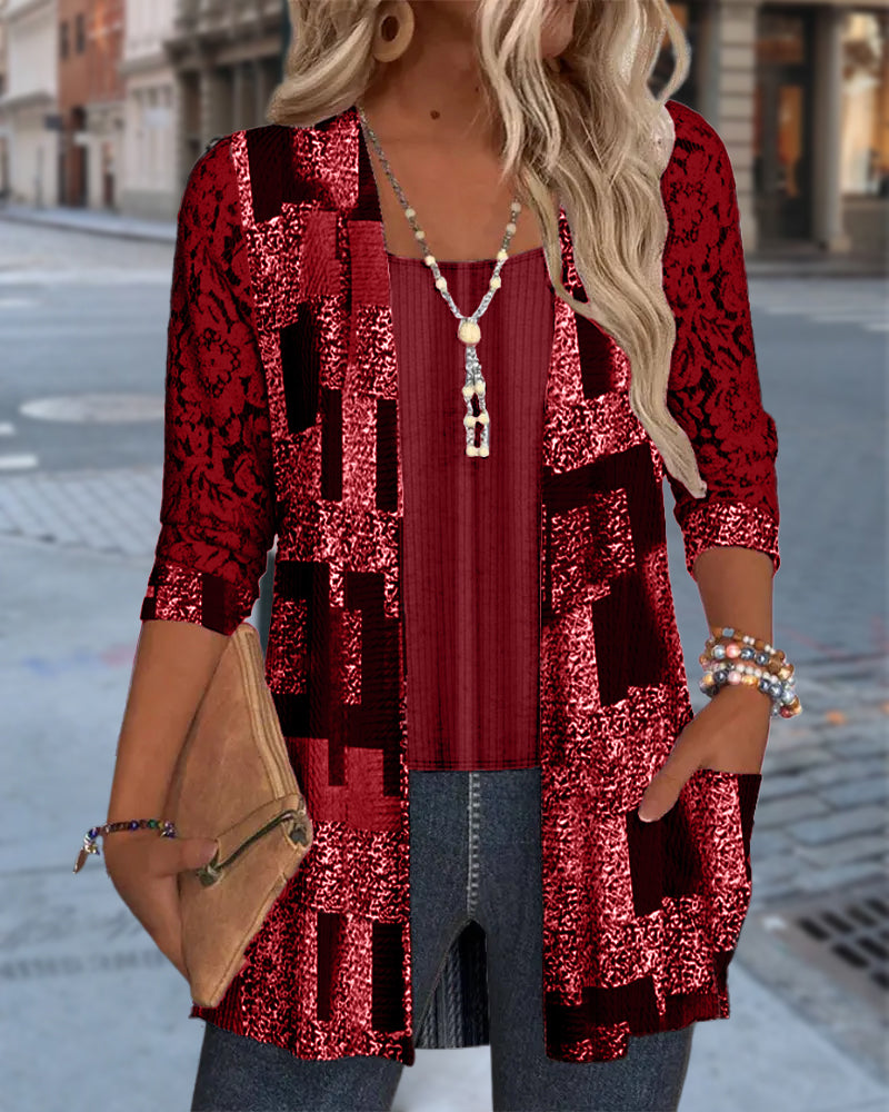Faux Two-Piece Printed Long-Sleeved Blouse
