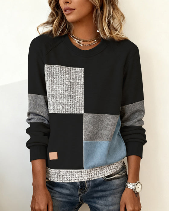 Round Neck Contrast Color Casual Sweatshirt