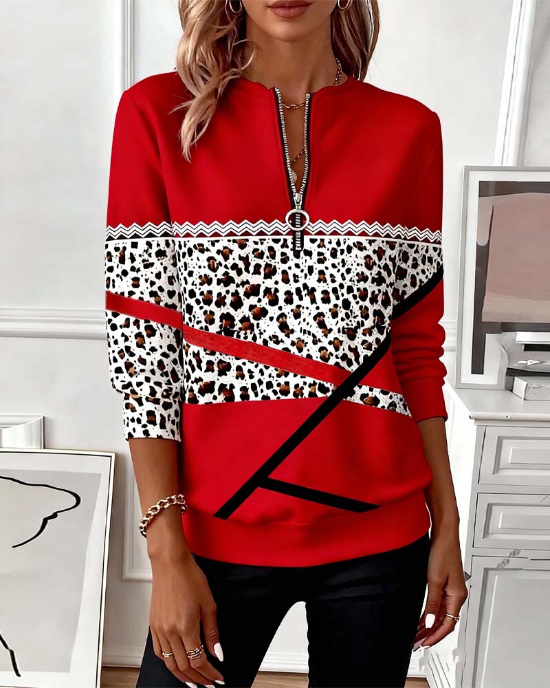 Zipper Collar Printed Sweatshirt