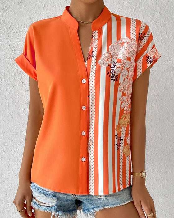 Paneled floral print button short sleeve blouse
