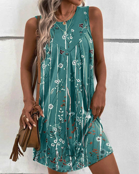 Round neck floral print tank dress