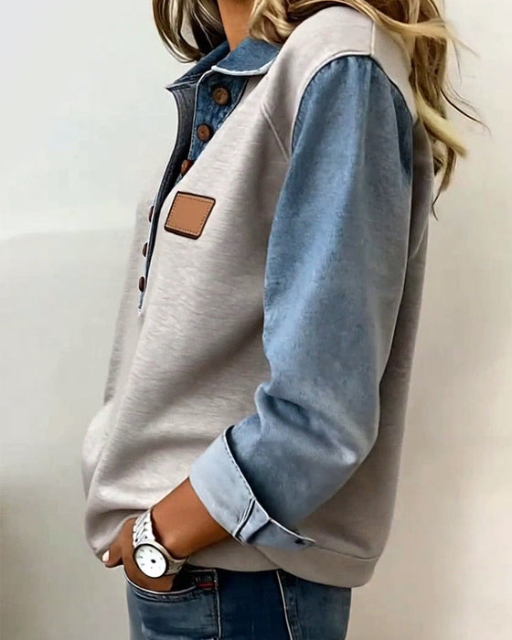 Stylish Denim Patchwork Long-Sleeved Sweatshirt