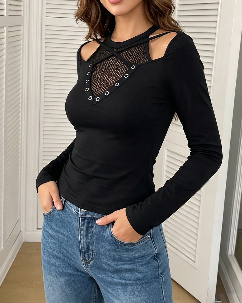 Crew Neck Off-Shoulder Cutout Cross Over Slim Blouse