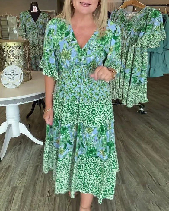 V-Neck Lotus Sleeve Floral Dress