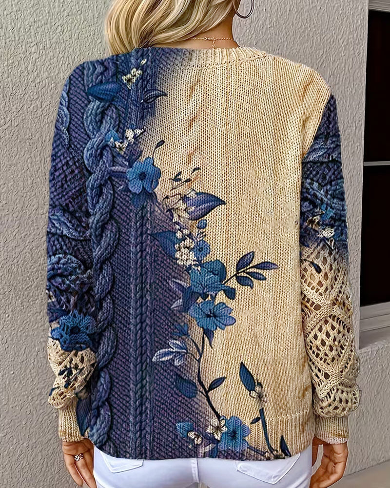 Gradient Color Block Floral V-Neck Hollow Out Pullover
