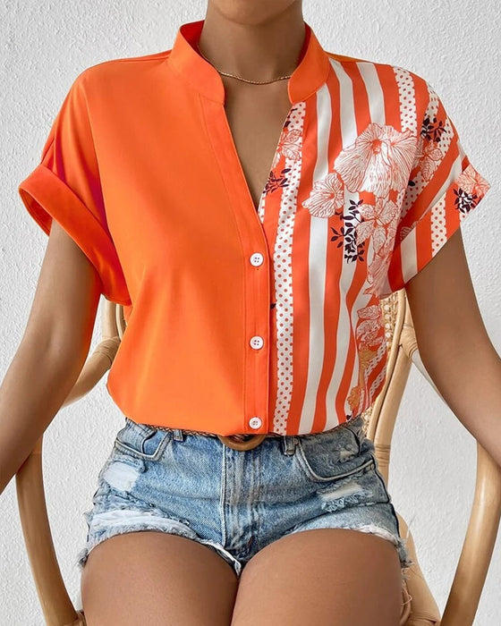 Paneled floral print button short sleeve blouse