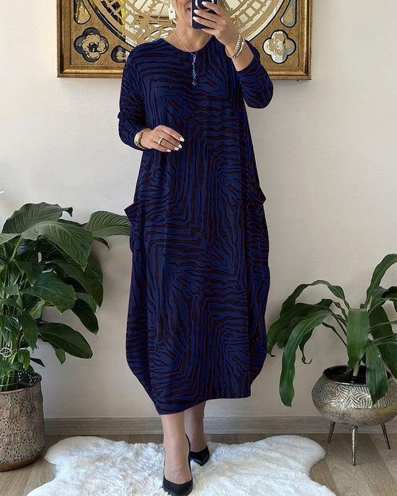 Fashion Loose Shift Dress with Print and Pocket
