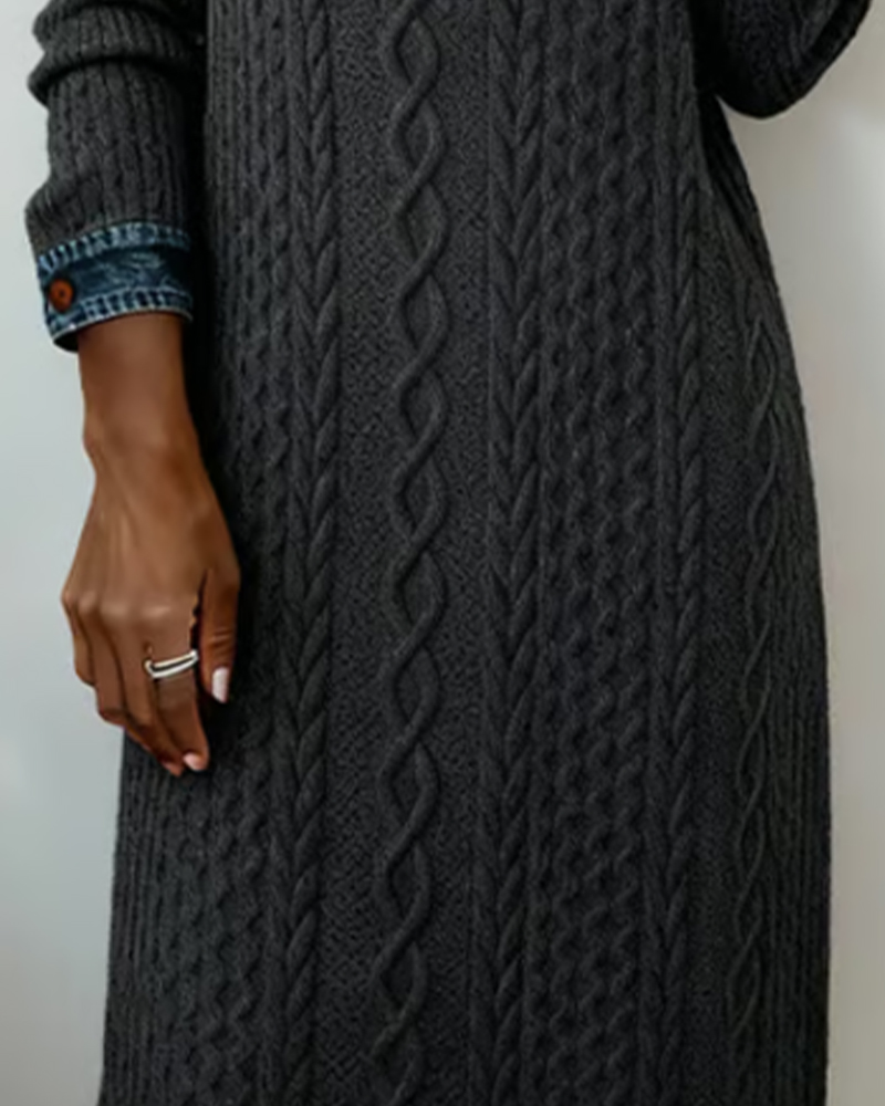Denim cable knit patchwork collared dress