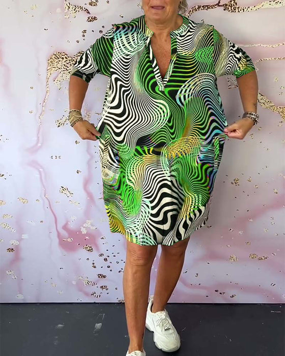 Colorful printed V-neck half-sleeve pocket dress