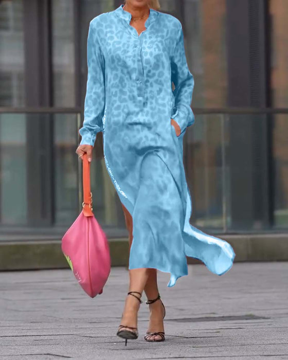 Long-Sleeved Leopard Print Slit Dress