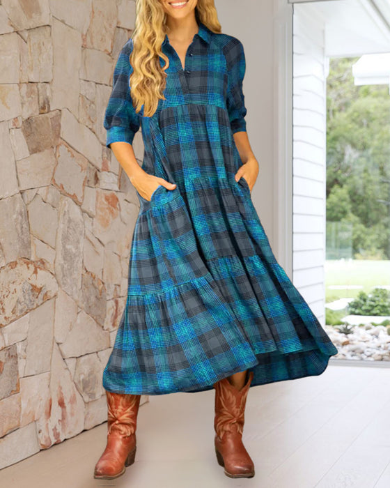 Lapel Plaid Half-Sleeved Dress