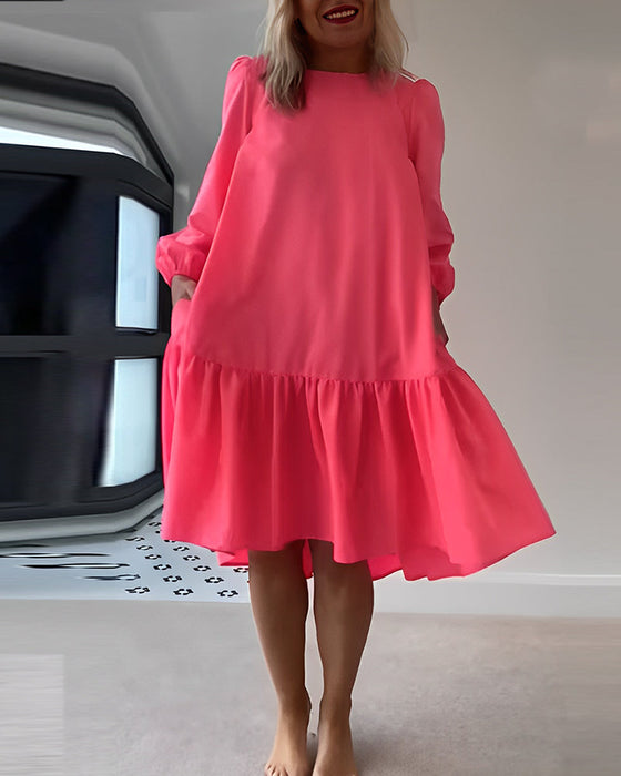 Solid color round neck long sleeve dress
