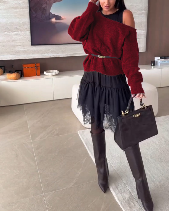 Off-Shoulder Loose Jumper & Lace Hem Dress