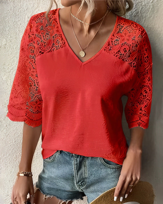 V-neck lace sleeve Blouse