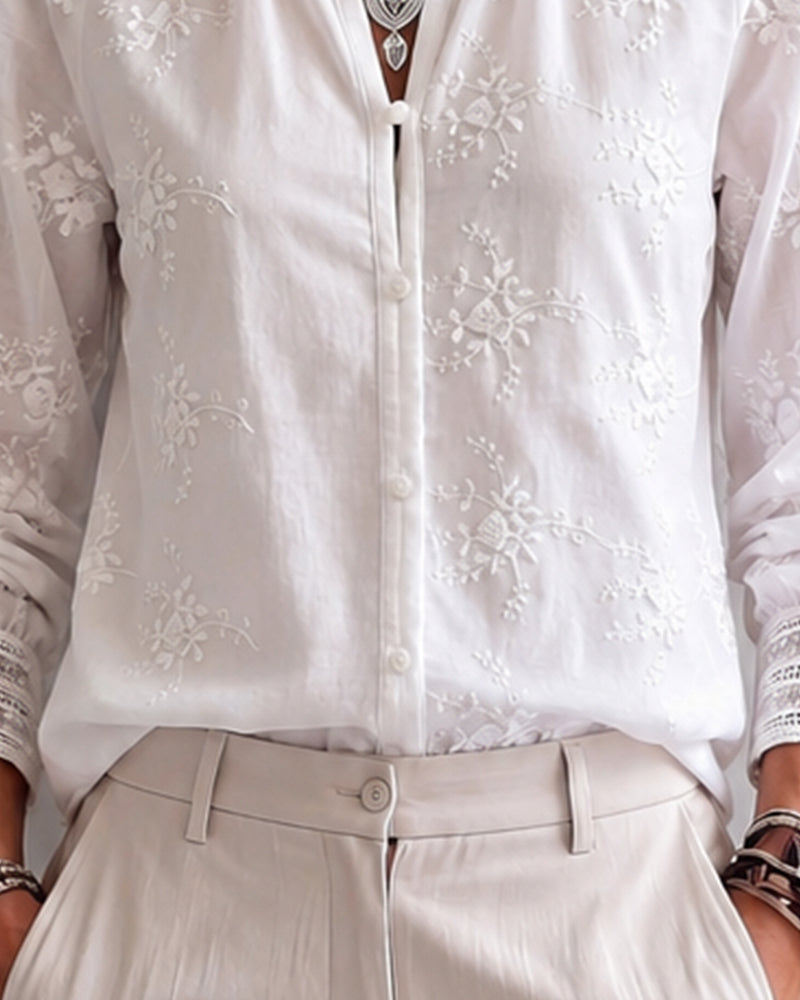 Ruffle Edge Mandarin Collar Blouse