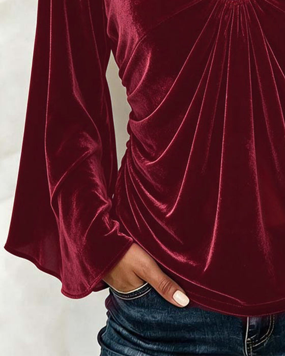 Velvet V-Neck O-Ring Twist Bell Sleeve Blouse