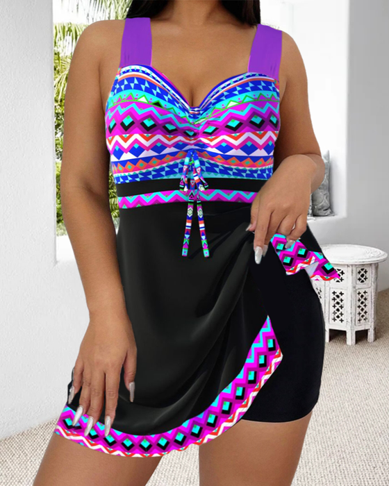 Striped printed lace-up swimsuit