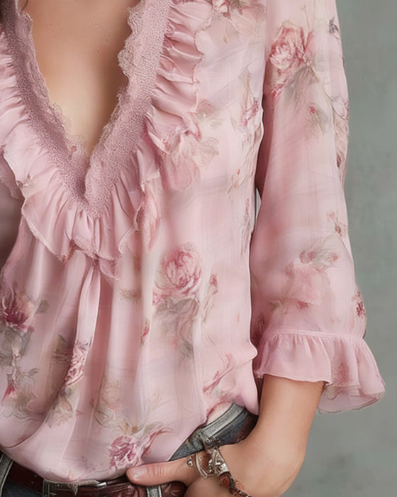 Floral V-Neck Ruffled Blouse